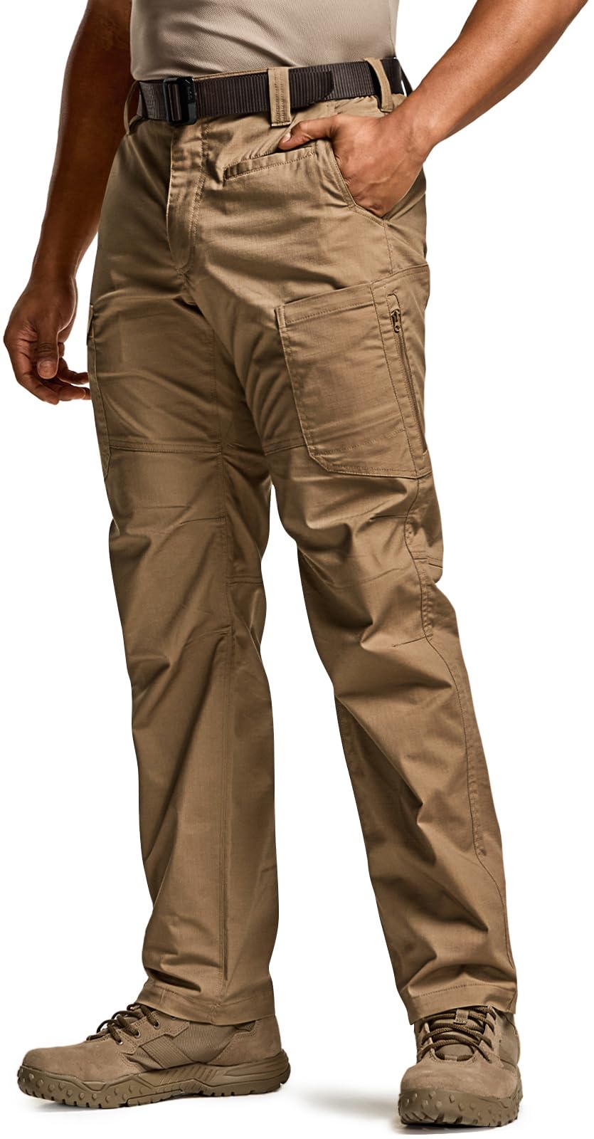 CQR Men's Utility Flex Cargo Pants, Classic-Fit Casual Stretch Work Pants, Water Resistant Lightweight Tactical Hiking Pants, Sentinel Cougar, 36W x 30L Image