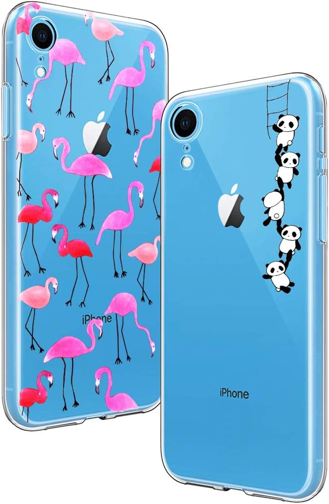 Yoowei 2-PACK iPhone XR Case, Ultra Thin Crystal Clear Case with Stylish Cute Cartoon Flowers Pattern Soft Flexible Silicone Gel TPU Bumper Cover for iPhone XR- Flamingo Rose & Panda