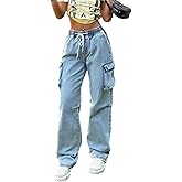 Cargo Jeans Women Elastic Waist Stretch Wide Leg Denim Pants Pockets Baggy y2k Streetwear Pants