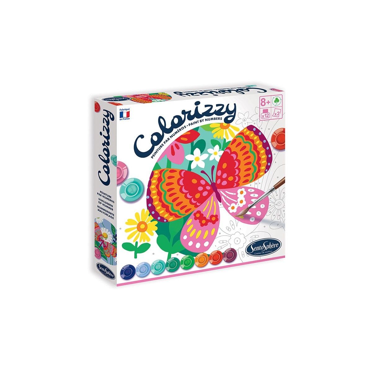 Sentosphère Painting Set for Children, Butterflies, DIY, Multi-coloured, Ages 5+, 2 x colouring pictures, 1 brush, 12 colours