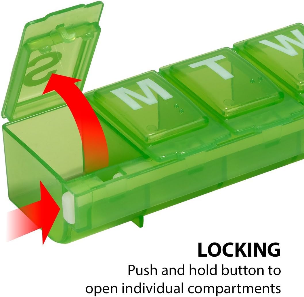 Ezy Dose (7-Day) Pill, Medicine, Vitamin Organizer Box | Weekly, 2 Times a Day, AM PM | Locking Compartments | Colored Lids: Health & Personal Care