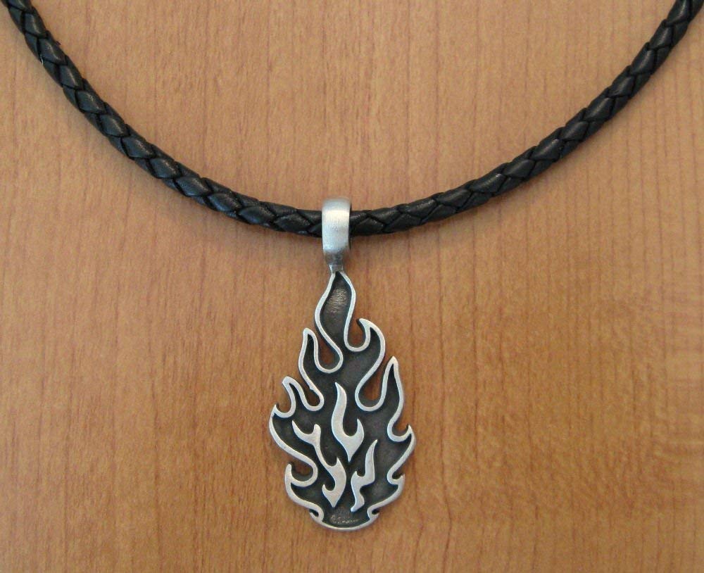 Pewter Fire Flame Pendant Necklace Handmade