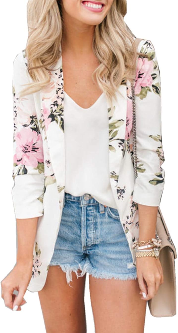 Asskdan Women's Open Front Long Sleeve Work Office Blazer Jacket Cardigan Casual Basic OL Leopard Blazer Suit