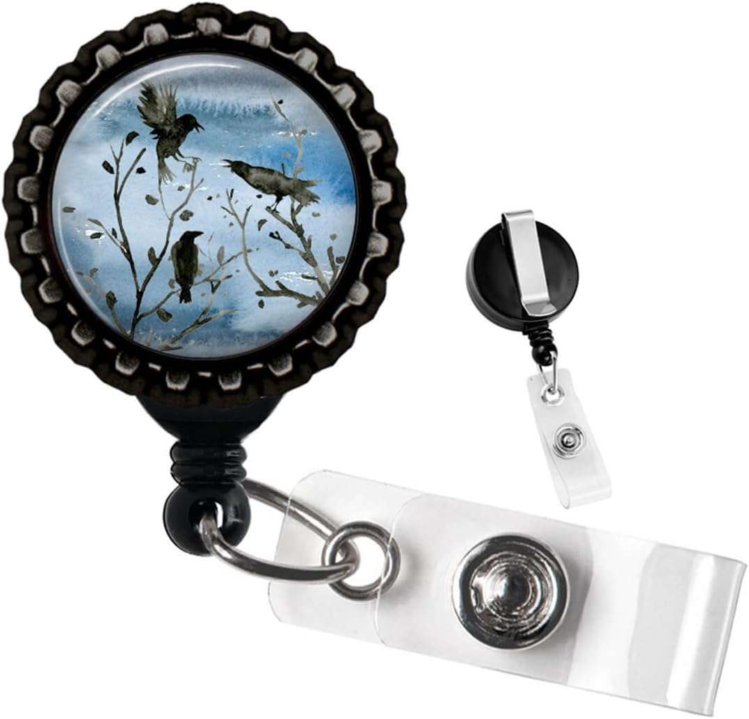 Flock of Crows On A Dead Tree Black Retractable ID Tag Badge Reel by Geek Badges