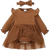 SOBOWO Newborn Infant Baby Girl Romper Dress Tutu Ruffle Long Sleeve Tulle Solid Onsies Dresses Fall Outfits with Headband
