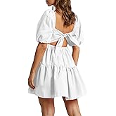 OWNGIGI Women's Summer Dress Square Neck Puffy Short Sleeve Loose Tie Back Casual A-Line Mini Dresses