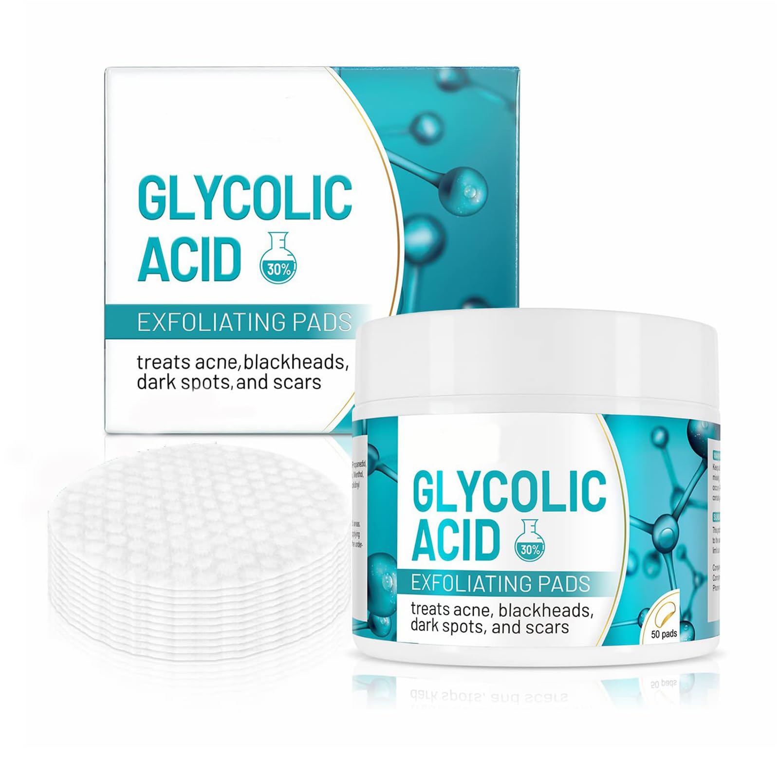 50 Pads Glycolic Acid Peeling Pads Glycolic Acid 30% Resurfacing Pads Face Cleansing Repair Pad reduces fine lines and wrinkles, treats dark spots, scars