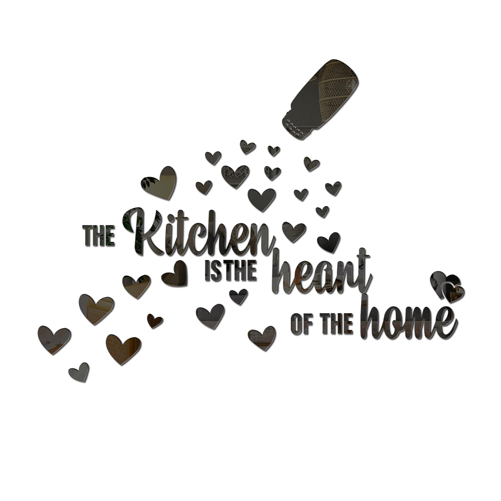 The Kitchen is The Heart of The Home Mirror Wall Sticker, Acrylic Kitchen Wall Decal, Peel and Stick Inspirational Quotes Decor Art Mural Saying for Family Dining Living Room (Black)