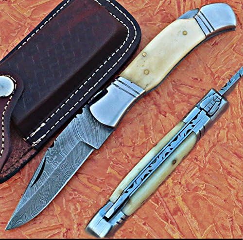 100% Prime Quality Custom Made Camel Bone Handle Damascus Steel Folding Pocket Knife W/Case
