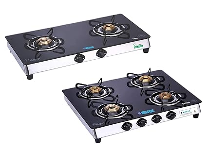 Milton Sapphire 2 Burner & 4 Burner Black Glass Top Stainless Steel Frame Gas Stove (Pack of 2)