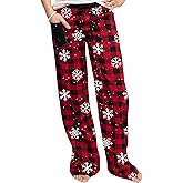 Sorlife Women Cute Christmas Graphic Pajama Pants Casual Elastic Waist Wide Leg Gingham Lounge Pants Xmas Comfy Sleepwear
