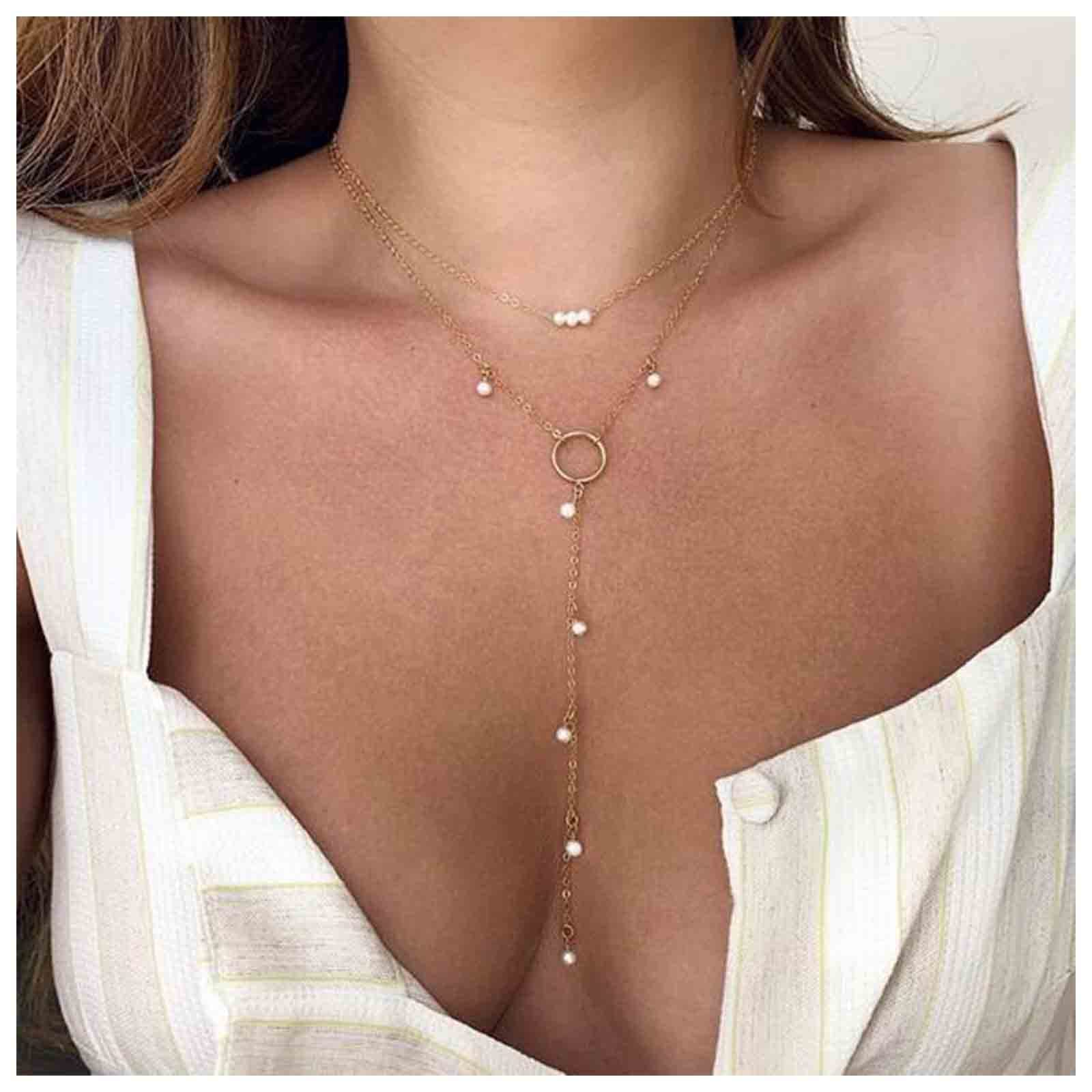 Yheakne Boho Circle Pearl Lariat Necklace Gold Long Lariat Chain Necklace Tiny Pearl Choker Necklace Drop Pearl Chain Y Necklace Jewelry for Women and Girls Gifts