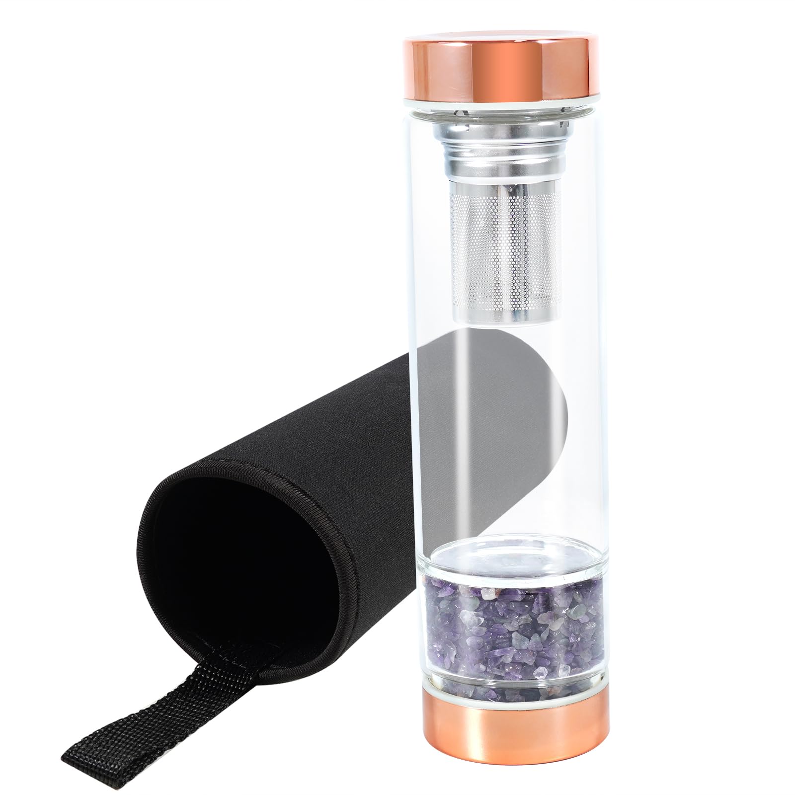 soulnioi Healing Crystal Glass Water Bottle, Natural Gravel Gemstone Crystal Water Bottle Healing Glass Bottles with Tea Strainer&Protective Cup Cover, for Spiritual Healing (Amethyst)