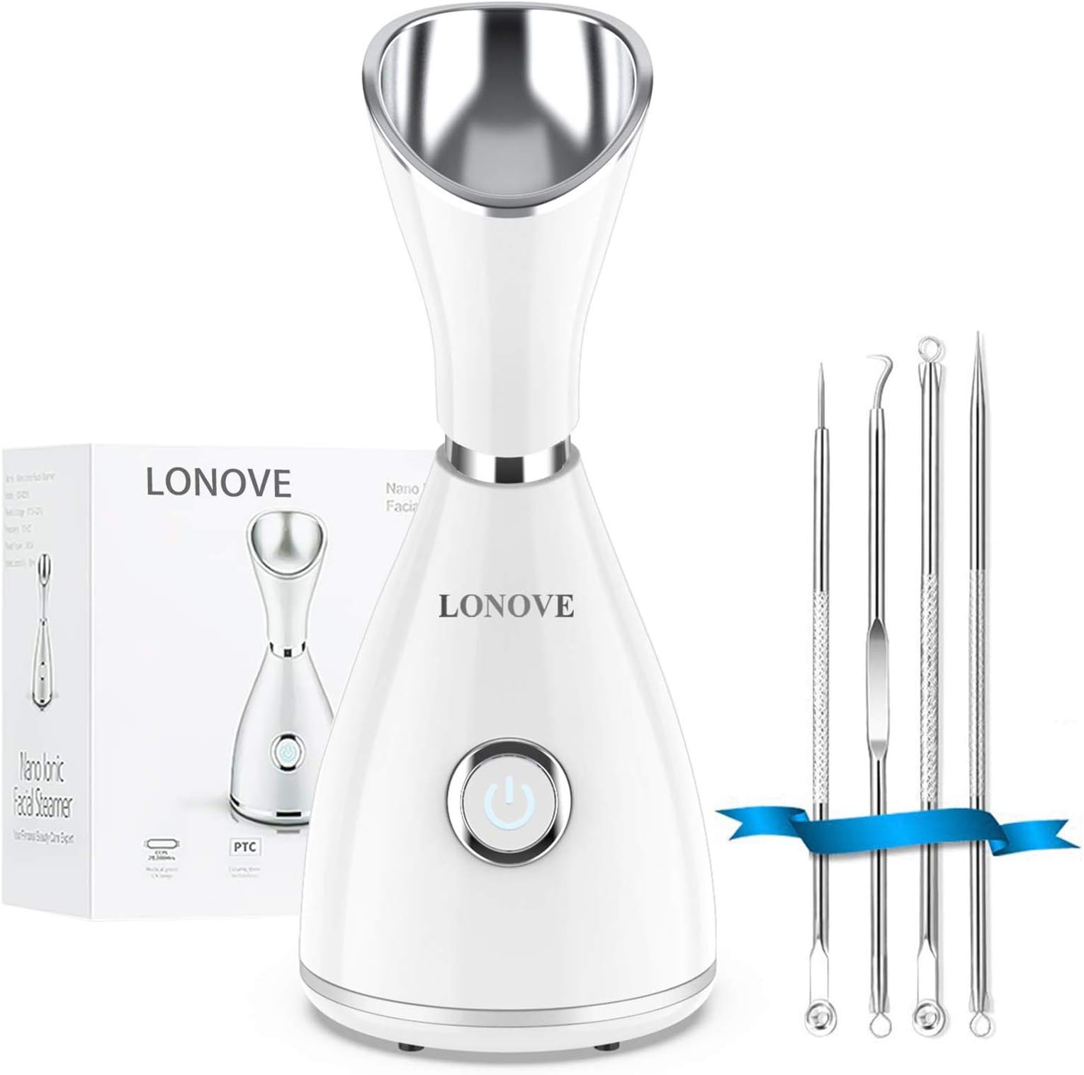 Facial Steamer - LONOVE Nano Ionic Facial Steamer Warm Mist Face Steamer Home Sauna SPA Face Humidifier Sprayer for Women Men Moisturizing Cleansing Pores,Bonus Stainless Steel Skin Kit.