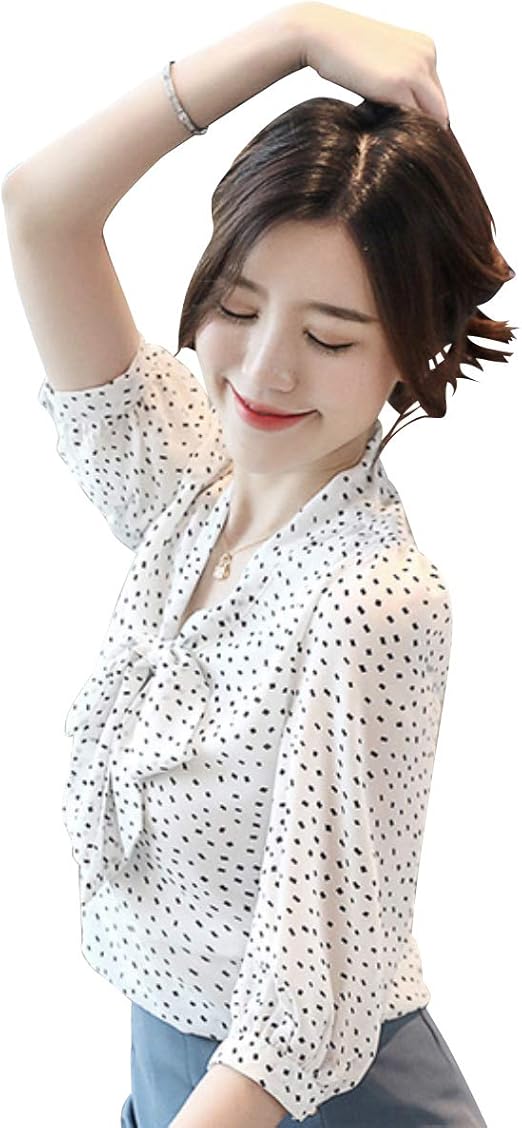 Amazon レディース ブラウス シャツ シアー とろみ ボウタイ リボン 大人可愛い 袖あり 五分袖 シフォン ノーカラー かわいい ホワイト レッド シャツ ブラウス 通販