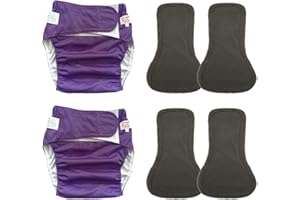 LMARAY 2 Pack Adult Cloth Diapers with 4 Diaper Inserts, Washable Reusable Adult Diaper Cover Elderly Incontinence Protection Nappies Underwear Adult Diaper for Women Man, Waist 39.4-53.2” (Purple XL)