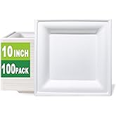 GreenWorks 100 Count 10 Inch Large Square Compostable plates, Biodegradable Bagasse and Bamboo Fiber Plates