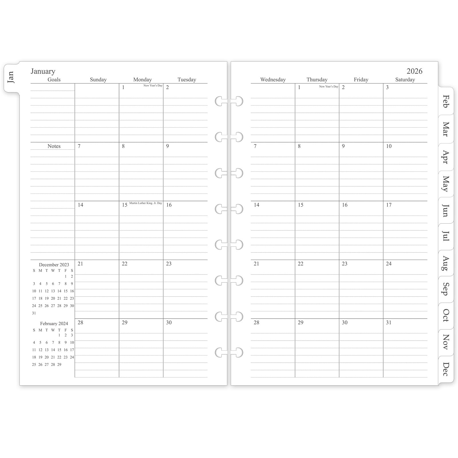 Photo 1 of 2026 Monthly Planner Refill, A5 Medium Size Planner Inserts for 8-Disc Discbound, 5.5"x8.5", Jan. 2026 - Dec. 2026, 12 Monthly Calendars with Laminated Tabs