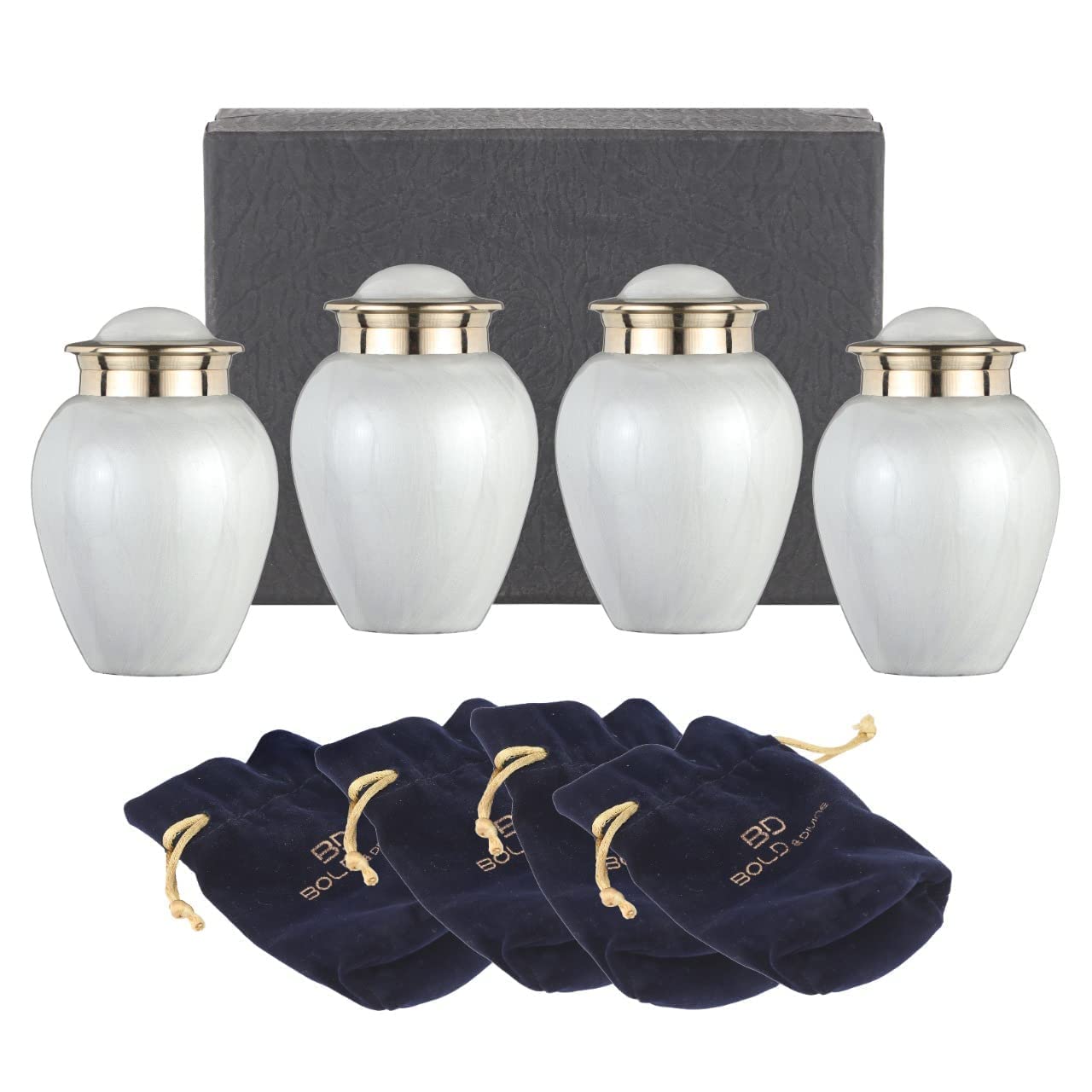 BOLD & DIVINE Heavenly Peace Pearl White Keepsake Urns | Small | 2.75" Tall Urns | Set Of 4 | For Human or Pet Ashes With Individual Velvet Bags