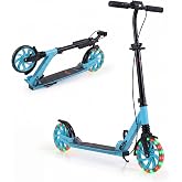 Goplus Foldable Kick Scooter for Teens Adults with Light-up Wheels | Kick Scooter with 4-Level Adjustable Handlebar, Hand Brake, Anti-Shock Suspension, Anti-Slip Deck, Kickstand