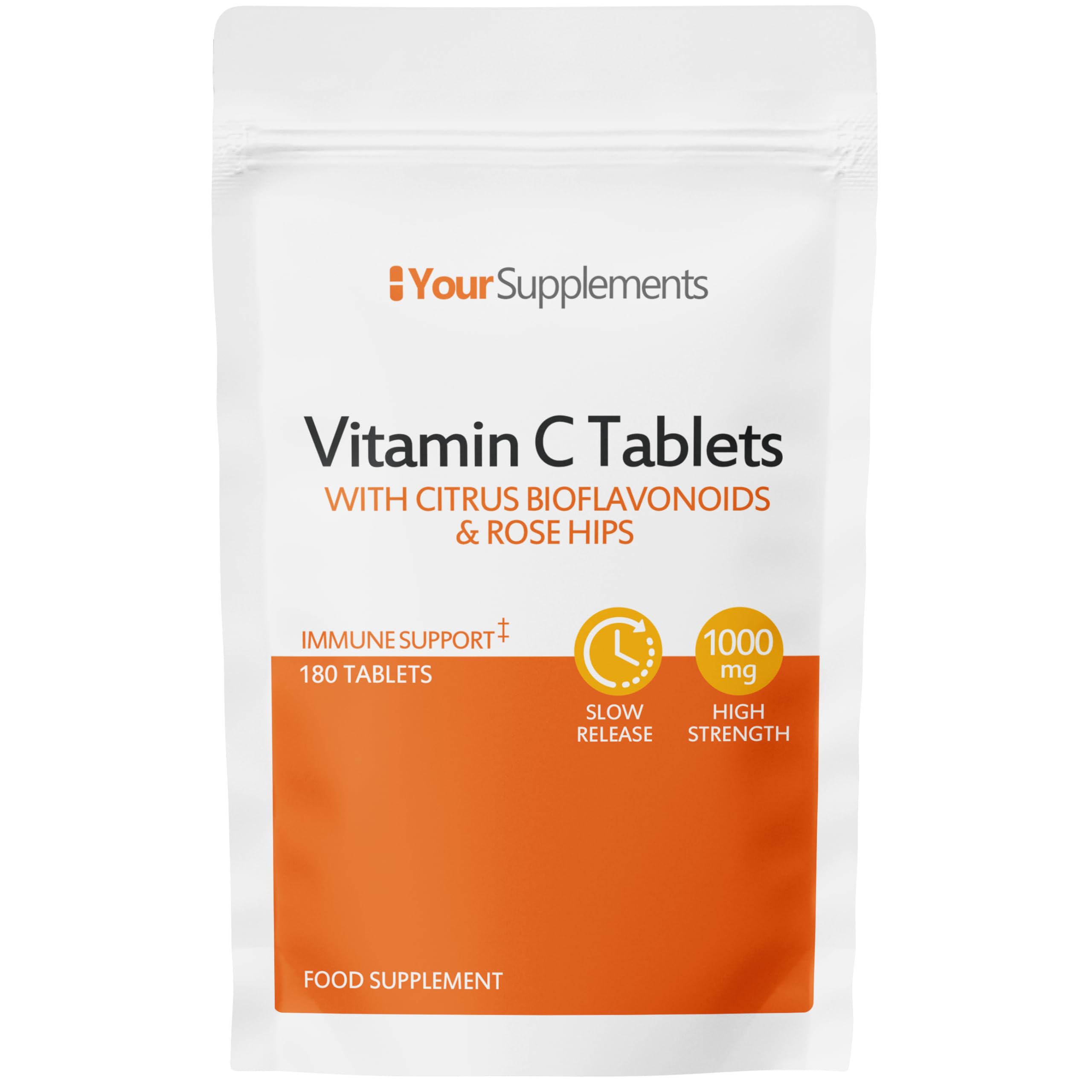 Vitamin C Tablets 1000mg | 180 Slow Release Tablets | with Bioflavonoids & Rose Hips | Natural Immune Support | One A Day