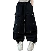 qanhuilu Girls Cargo Parachute Pants Y2K Baggy Multi-Pocket Trousers Streetwear, 4 Years- 12 Years