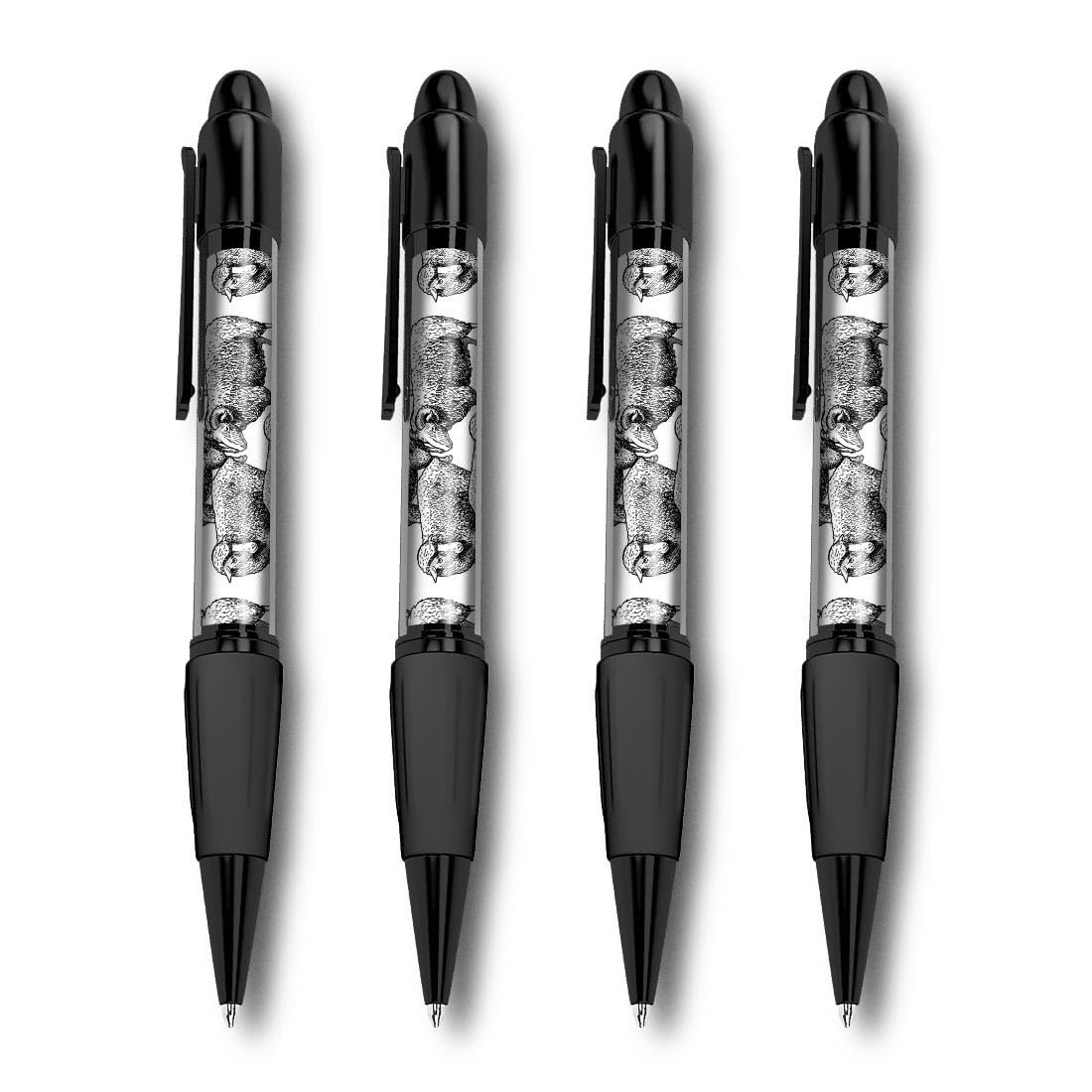 Set of 4 Black Ballpoint Pens (Photo Insert) - Sheep Pattern Farm Farmer - Soft Feel Finger Grip #170869