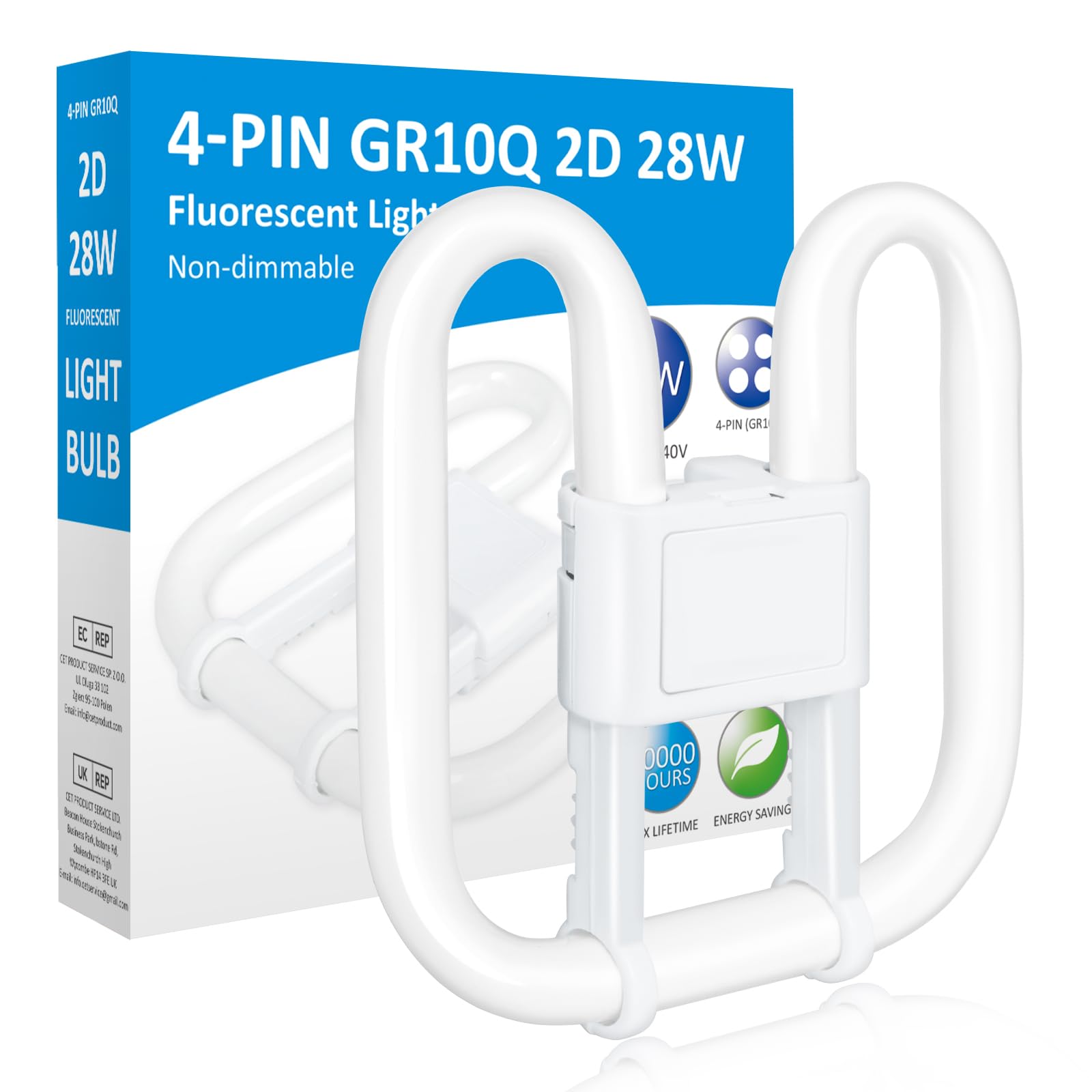 GR10q 4-Pin Bulb 28W 3500K Warm White, 2D Square CFL Compact Fluorescent 4 Pin Light Bulb, GR10q DD Flat Butterfly Bulb for Flush Ceiling Light, 4 pin Bathroom Light Bulbs, 1 Pack-19.0 * 19.5CM