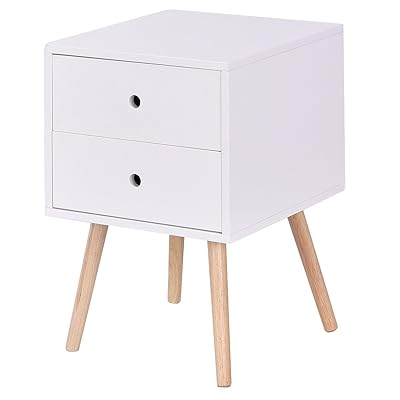 Giantex White Side End Table Nightstand With Drawers Mid-Century Accent Wood Furniture (W/2 Drawers)