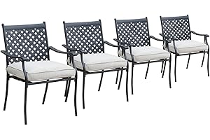 LOKATSE HOME 4 Piece Outdoor Patio Metal Wrought Iron Dining Chair Set with Arms and Seat Cushions - Beige