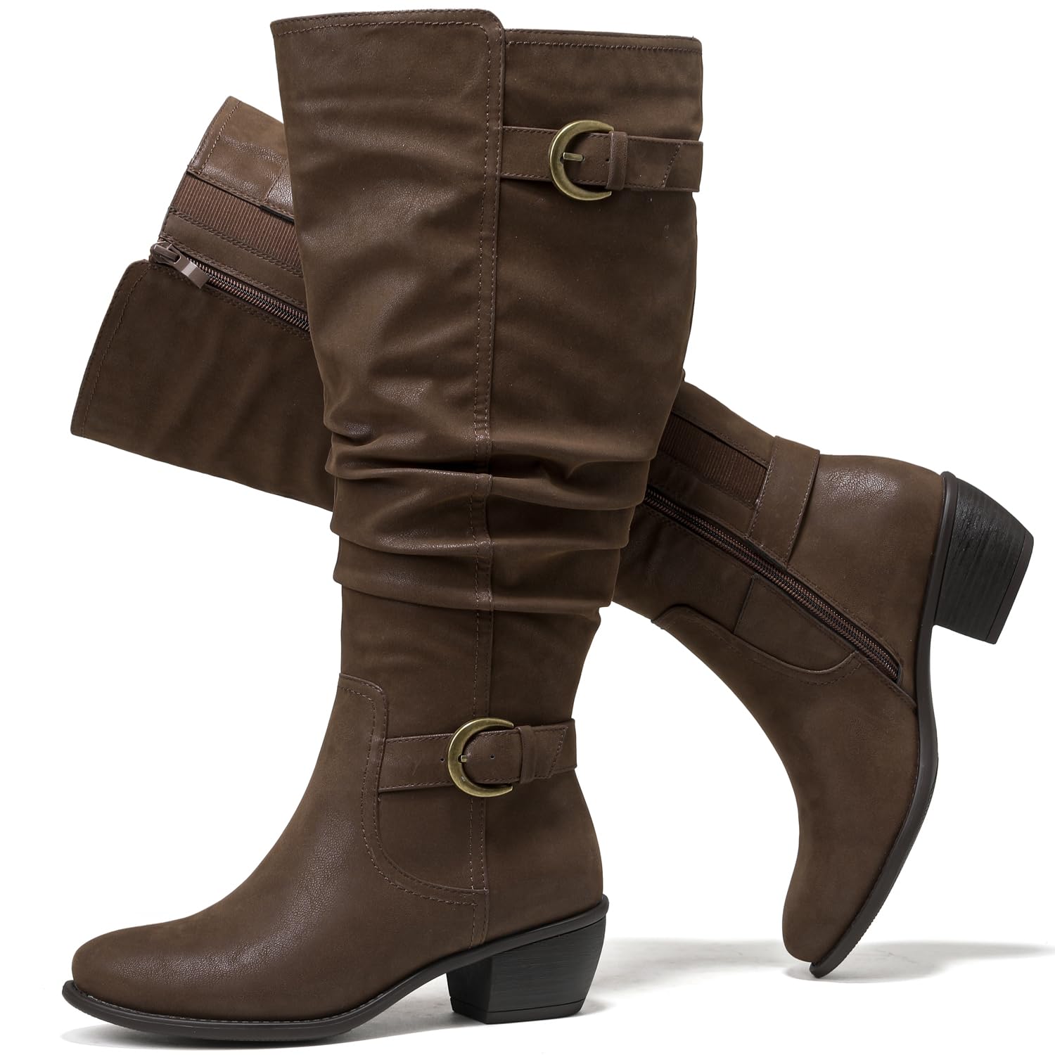 Photo 1 of Luoika Women's Extra Wide Calf Knee High Boots, Wide Width Slouchy Knee-High Boots Low Stacked Heel Winter Fall Plus Size Boots. 231102 Brown 11XW