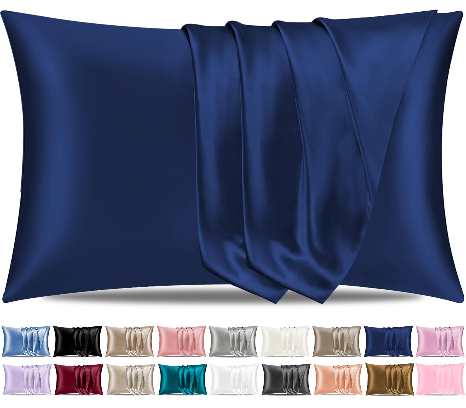 Pamposh Satin Silk Pillowcases For Hair And Skin 2 Pack Standard Size with Envelope Closure (2 Pcs Pillowcases (50 x 75 cm), Navy)