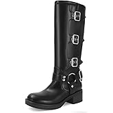 RJYLP Knee High Boots for Women Square Toe Wide Calf Pull On Riding Buckles Boots Chunky Low Heel Biker Riding Boots