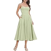 ABEHIK Casual Dresses for Women Boho Spaghetti Strap Corset Midi Dress with Pockets Low Cut Flowy Pleated Bustier Sundress