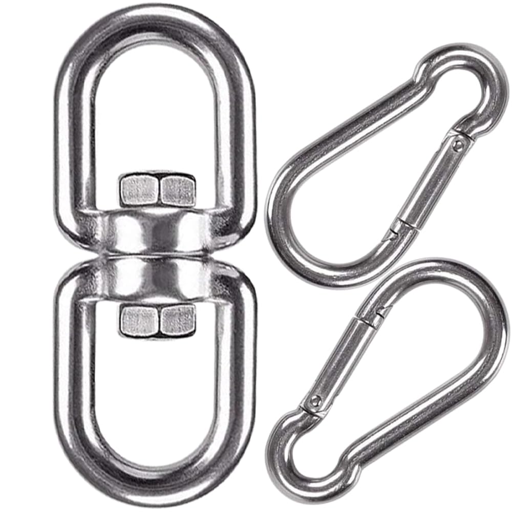 WAREMAID Swing Swivel, Stainless Steel Swivel Ring Double Ended Eye Hook with 2 Snap Hooks for Web Tree Swing Spinner Hanger, Heavy Bag, Aerial Silks, 500kg