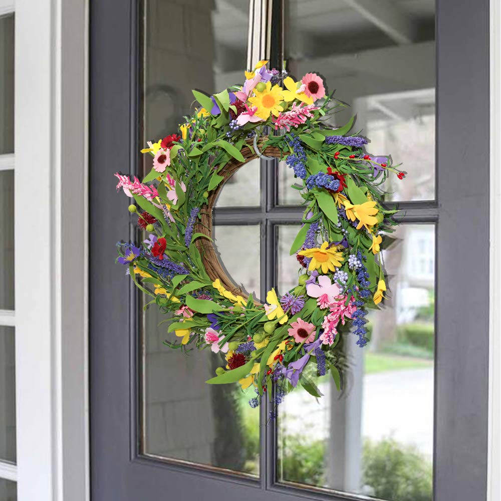 CEWOR 20 Inches Spring Door Floral Wreath Artificial Lavender Daisy Flower Wreath for Summer Front Door Wall Window Room Outdoor Decor