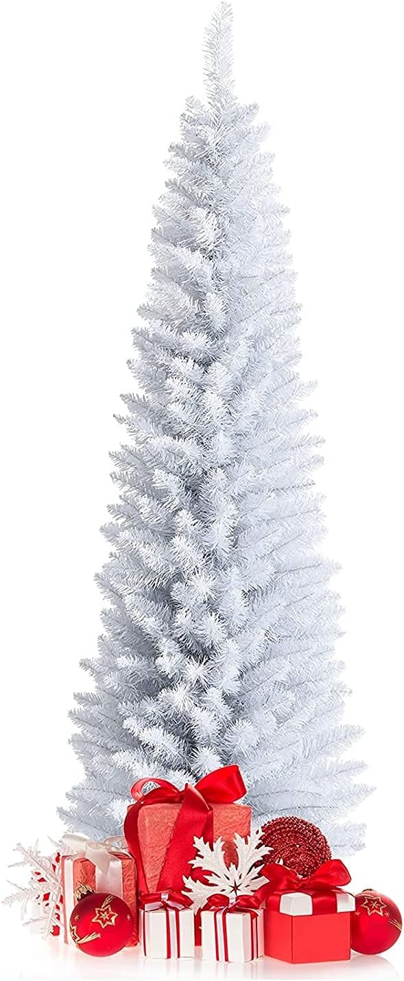 Trees - Happygrill 6FT White Pencil Christmas Tree Artificial Slim Christmas Tree Skinny Xmas Tree with Folding Metal Stand & PVC Material, Realistic Unlit Pine Tree with 340 Branch Tips for Indoor Outdoor