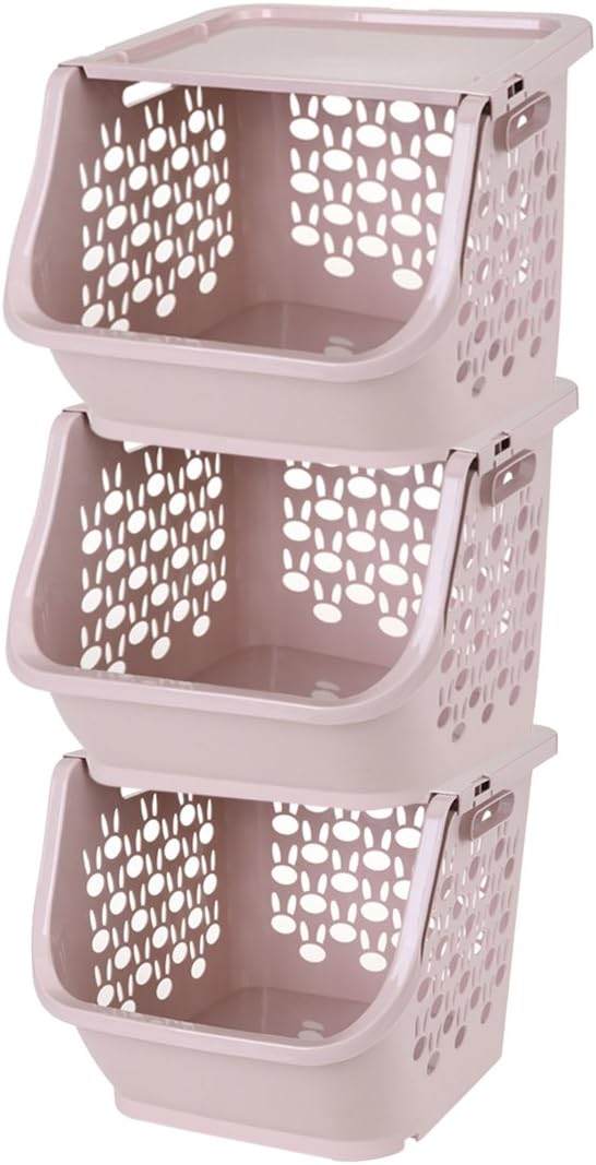 WOLFBUSH 3Pack Storage Stacking Bins Household Kitchen Plastic Stackable Storage Vegetable Fruit Food Storage Basket Rack with Cover (Pink)