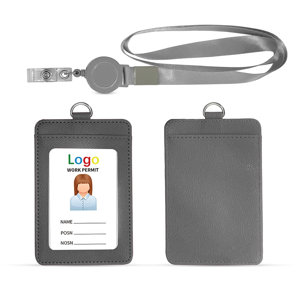 HYCOPROT ID Badge Holder 2-Sided Pu Leather with 1 Id Window and 1 Card Slot and 1 Piece 34.8 Inch Detachable Neck Lanyard id Card Holder for Office School Business Travel Student(Grey, Vertical)