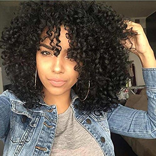 Heat Resistant Afro Deep Curly Synthetic Wigs With Bangs Short Synthetic Machine Made Non Lace Wig For Black Women #1B 16 Inch