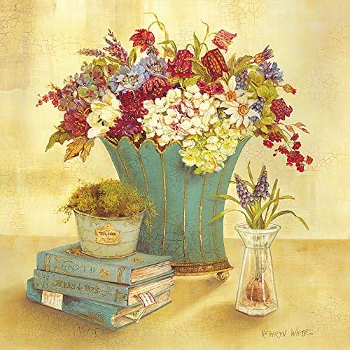 Vintage British style Floral Oil Painting Prints Vase Flower Blossom Garden Herbs and Books Wall Decor Painting on Canvas 12x12 Inch Square for Home Decoration Unframed