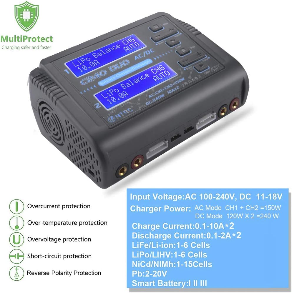 Dual LiPo Battery Charger Port RC Battery Charger RC Car Balance Battery Charger Discharger AC 150W DC 240W 10A for LiPo/Li-ion/Life(1-6s) NiCd/NiMH/LiHV/PB Smart Battery RC Car Charger: Electronics