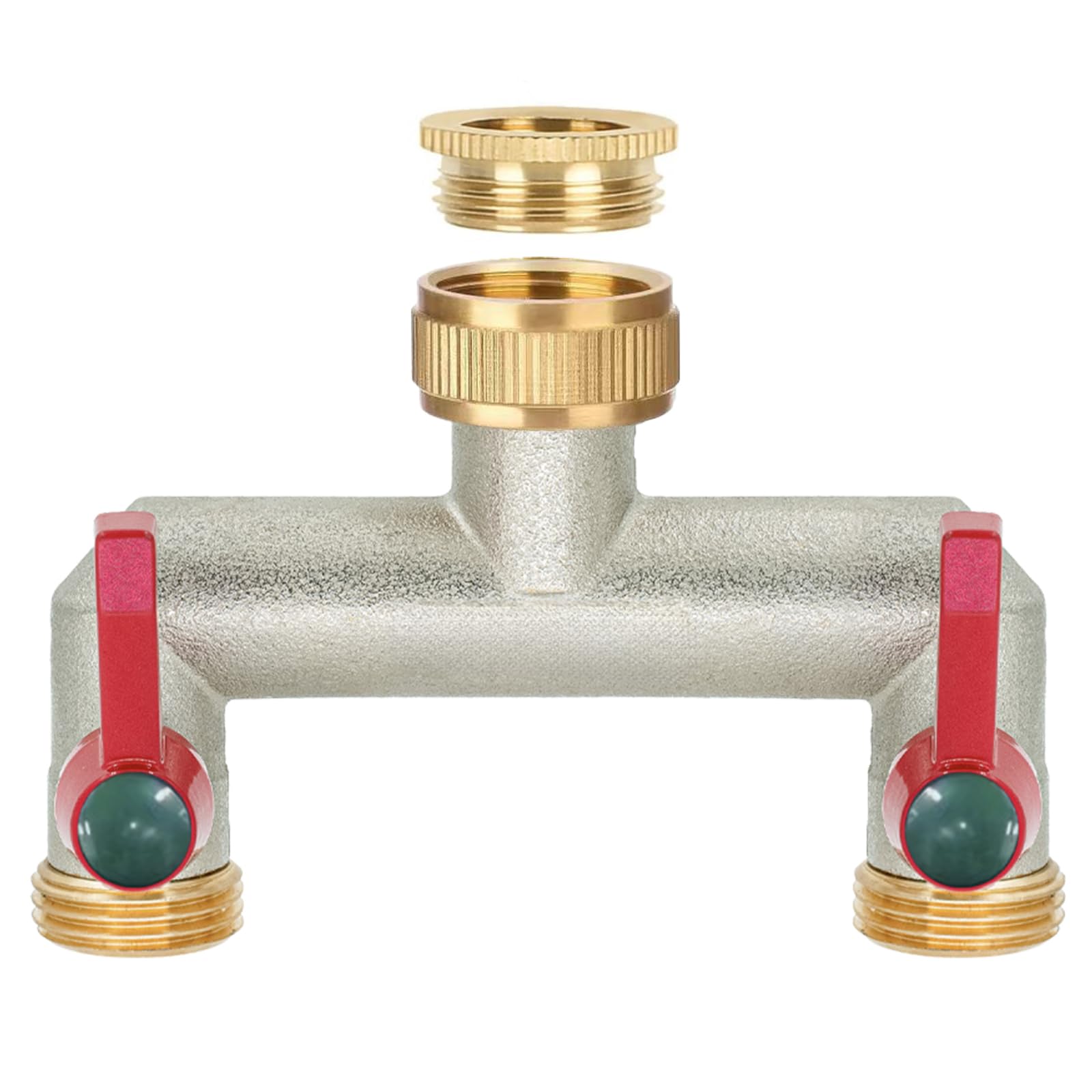 iBamso Brass Garden Hose Splitter, 2 Way Tap Connector with On/Off Valves and Extended Handle, Wide Mounting Two Water Timer Meanwhile