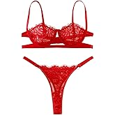 Lilosy Sexy Eyelash Underwire Floral Lace Sheer O Ring Linked Cutout Lingerie Set