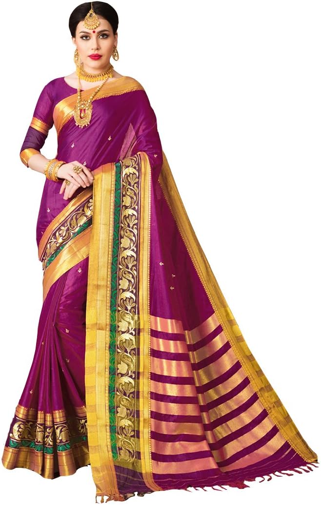 Craftsvilla Women's Poly cotton Traditional Double Zari Border Work Magenta Saree with Blouse Piece