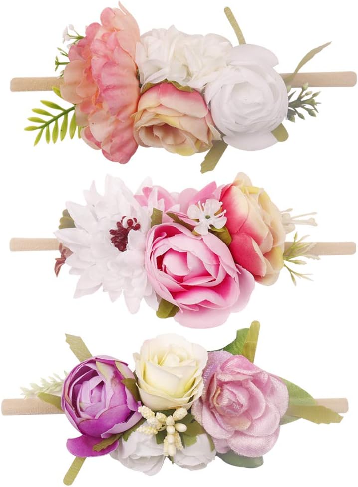 Baby Girl Floral Nylon Headband Elastic Hair Band Bows Flower Wraps For Newborn Infant Toddler Pack of 3