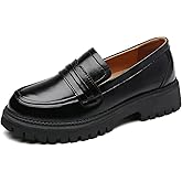 IUY Loafers for Women Leather Chunky Platform Penny Shoes Classic Round Toe Comfortable Business Work Shoes