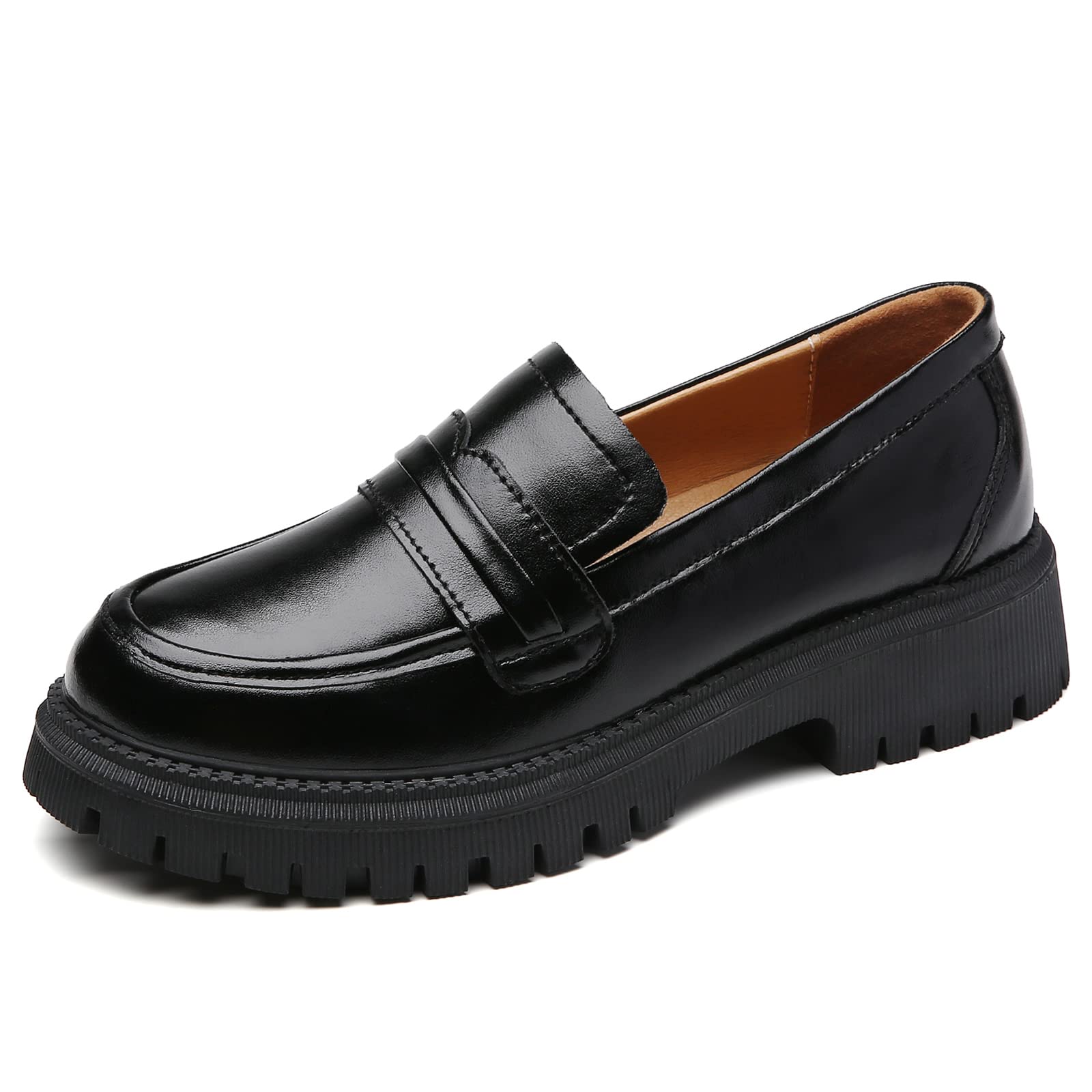 Photo 1 of IUY Loafers for Women Leather Chunky Platform Penny Shoes Classic Women's Loafers & Slip-ons Shoes Casual Dress Shoes Comfortable Business Work Shoes Black US 9.0