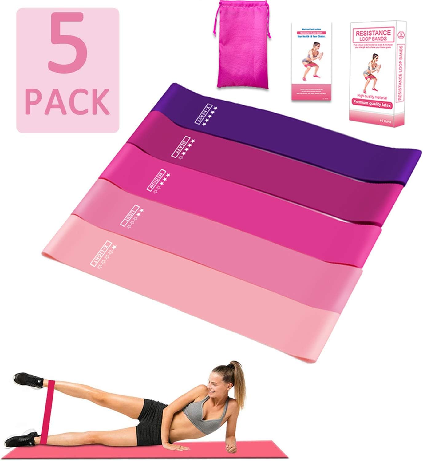 Eholder Resistance Bands Set Women Men Gym Stretch Fitness Exercise Bands Resistance for Legs and Glutes, Set of 5 Natural Latex Loop Elastic Mini Bands Thigh Home Gym Workout and Physical Therapy Yoga Training