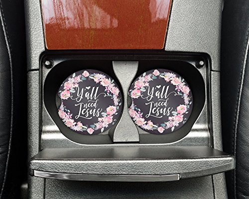 Y'all need Jesus - Pink and black Car coasters - Sandstone auto cup holder coasters Christian motivational - Gifts for women